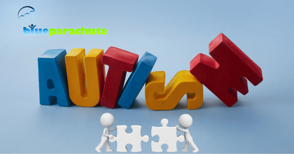 A picture of the word autism, with an image of two claymation people pushing together two puzzle pieces underneath it. The people working together help illustrate being partners, and how Blue Parachute is your autism learning partner.