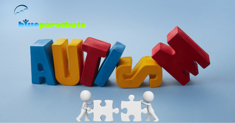 A picture of the word autism, with an image of two claymation people pushing together two puzzle pieces underneath it. The people working together help illustrate being partners, and how Blue Parachute is your autism learning partner.