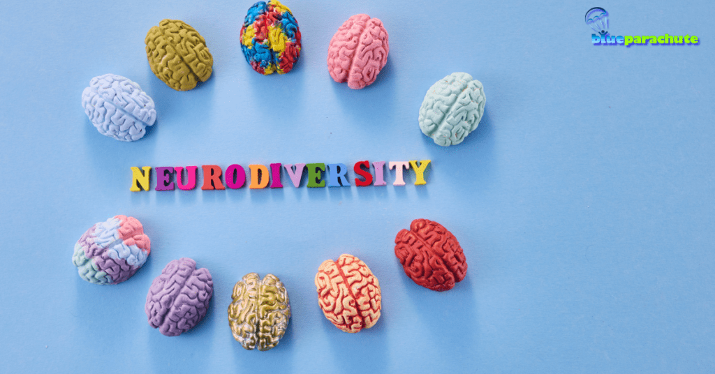 The word neurodiversity is spelled out with different colored magnets. Surrounding the word are different brains - one is purple, one is orange, one is red, one is multicolored, and there are others. These brains indicate that people are different or neurodiverse. They can be neurotypical. For those who aren't, we should celebrate neurodiversity.