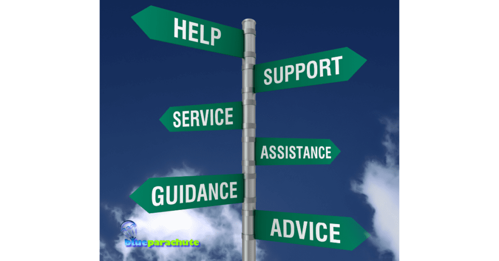 Getting a new autism diagnosis can be difficult. You need 6 things - help, support, service, assistance, guidance, and advice. The image is a sign post with each of these 6 items pointing, indicating that Blue Parachute can help.