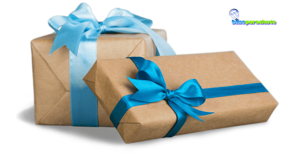A picture of two boxes, each wrapped in brown paper and each with a different shade of blue ribbon and bow tied across it. This implies the article is about gifts for adults with autism.