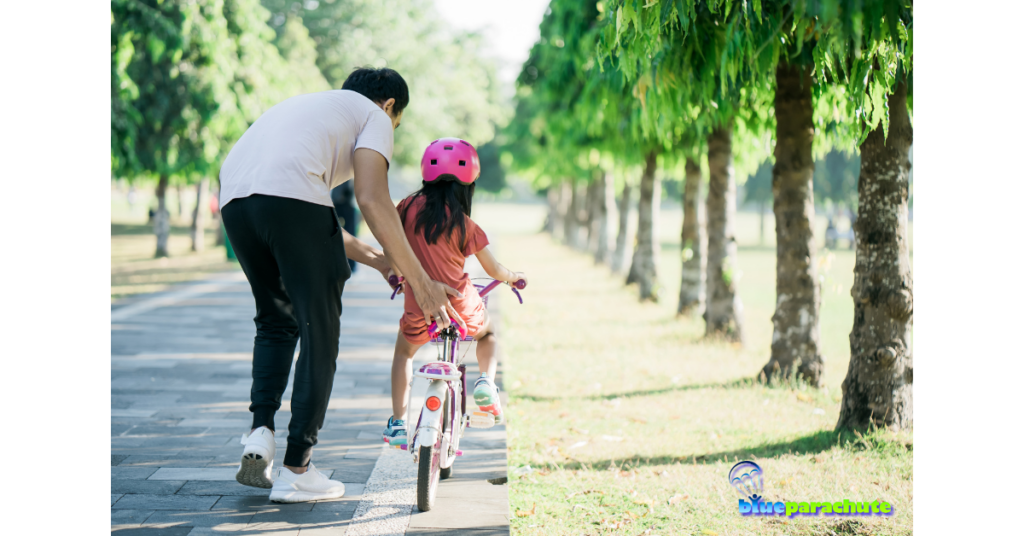 A man holding the bicycle of his daughter while she balances on it implies that this is about teaching a child with autism how to ride a bike.