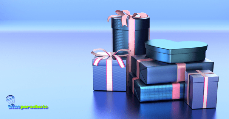 A pile of gifts wrapped in blue boxes and tied with pink ribbons indicates this article discusses gifts for kids with autism.